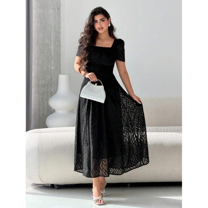 European French retro temperament elegant solid color square neck short sleeve slim summer medium and long dress S