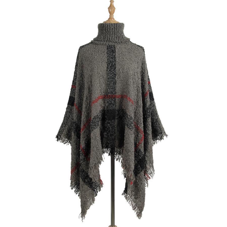 2025 Women's Mid-Length High Neck Fringe Shawl Cape - European American Autumn Winter Color Block Loose Knit Sweater
