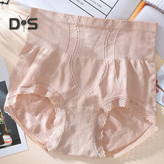 Women High Waist Seamless Panties Hip Lifting Tummy Control Lace Trim Ribbed Briefs Elastic Skinny Underpants