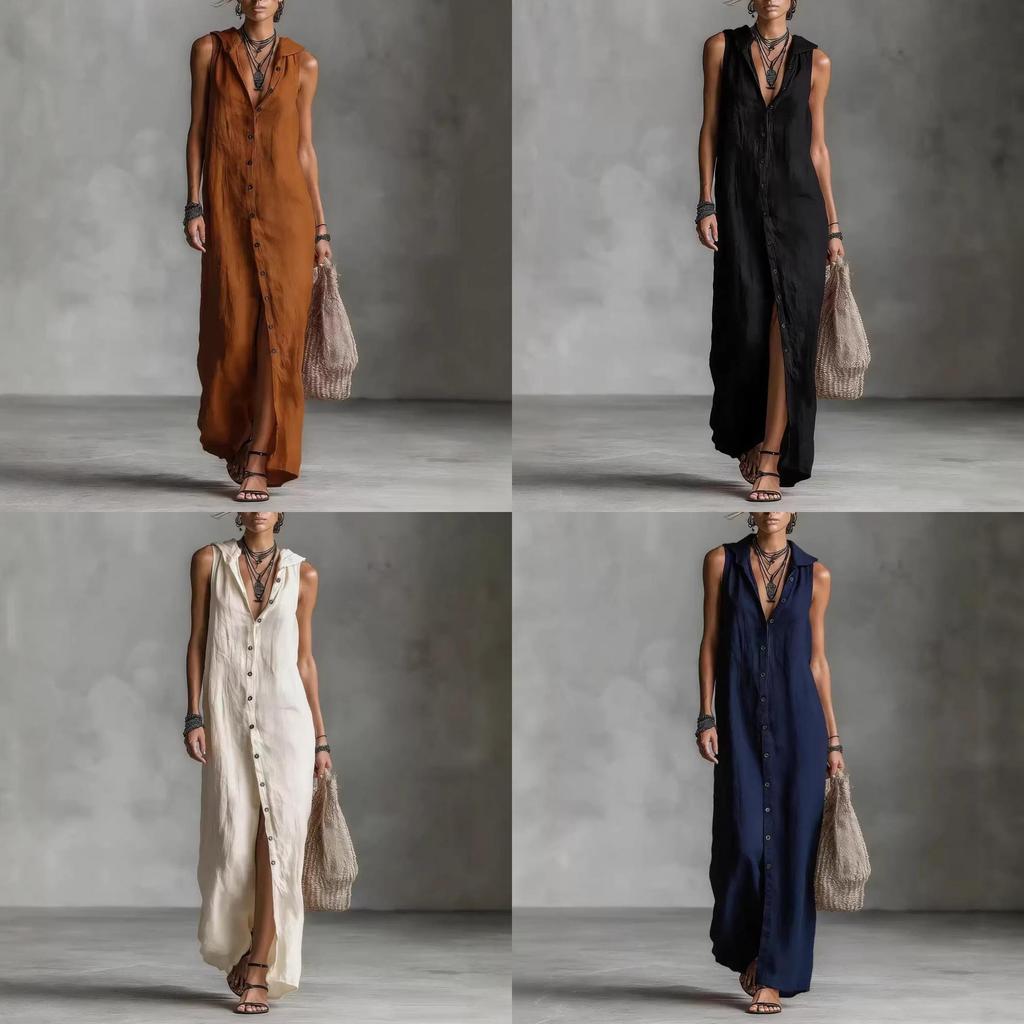 Long Sleeveless Spliced Dress With Polo Collar For Casual Travel And Streetwear