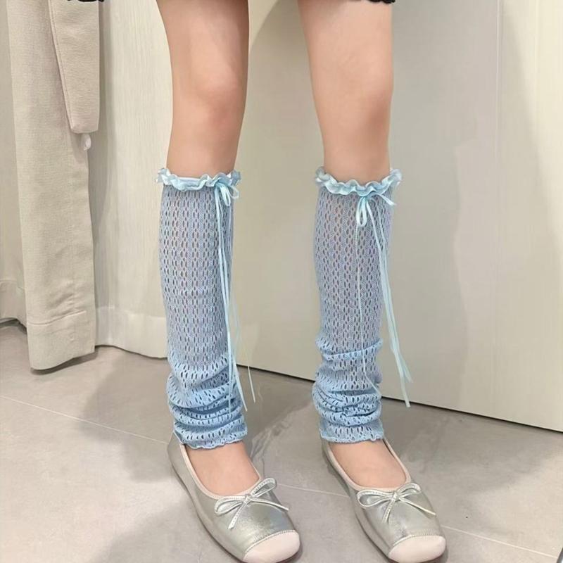 Hollowout Fishnet Lace Leg Warmers Arm Sleeves for Women Aesthetic Sheer Mesh Leg Covers with Ruffle Trim and Bowknot
