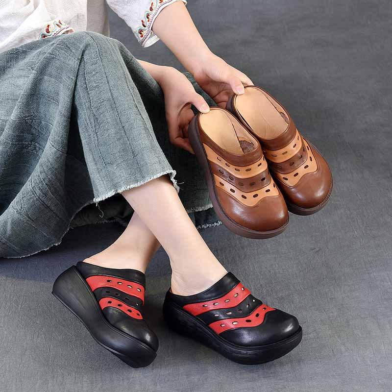 Mode 6cm Echtleder Schweinsleder Mokassins Damen Sommer Aushöhlen Damen Dicksohlige Flats Plateau Keilsandalen Runde Zehenschuhe