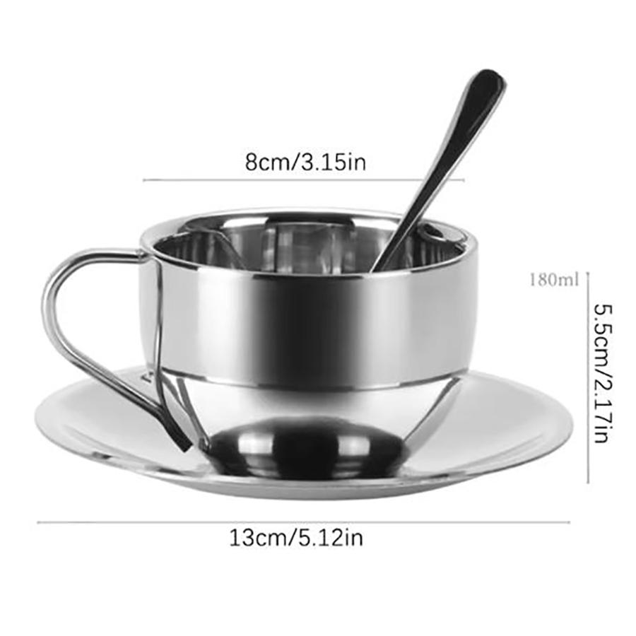 Stainless Steel Coffee Cup Set Double Walled Heat Resistant Coffee Mug with Spoon and Saucer Drink Tableware Kitchen Cafe Tools