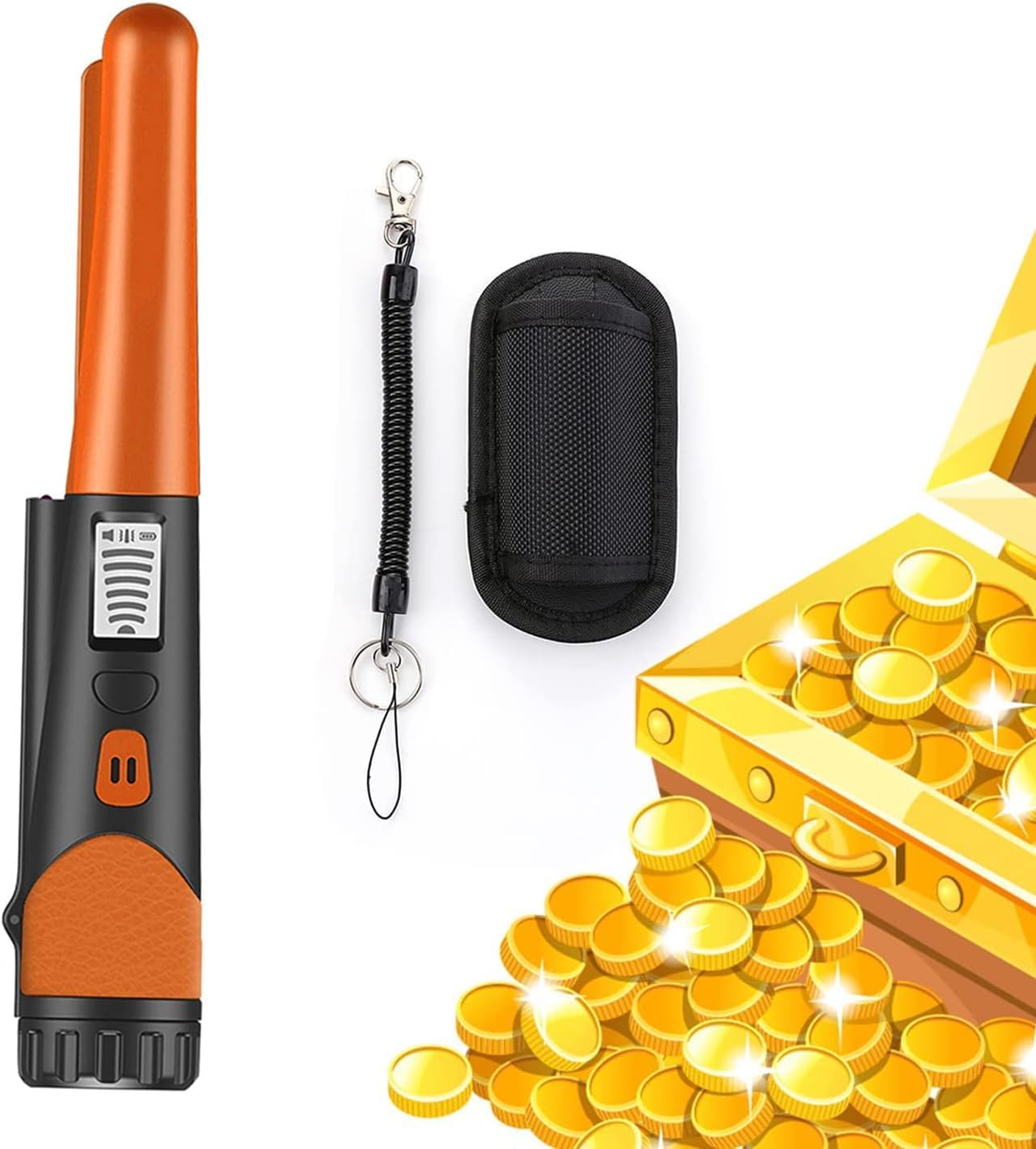 PIN POINTER Handheld Metal Detector, High Sensitivity, Waterproof, Professional, Tester, Treasure Hunting, Probe Bar, LCD Display (Orange)