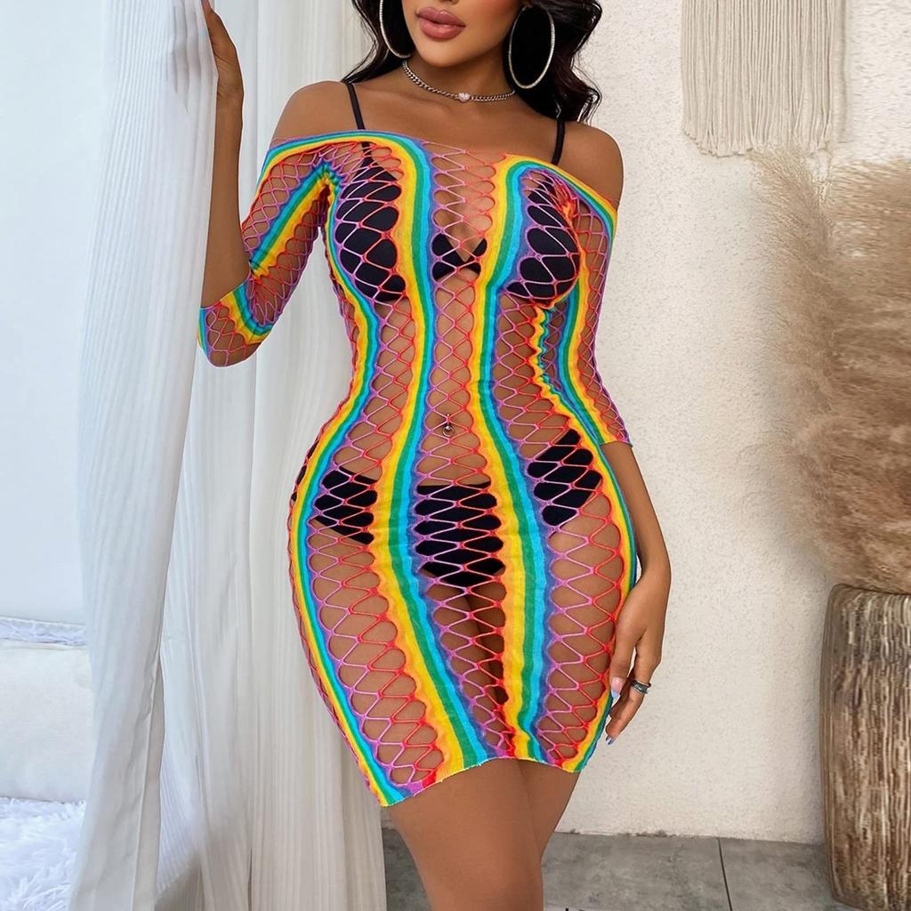 Women's Plus Size Lingerie Women Sexy Lingerie High Elastic Mesh Rainbow Swimsuit Hollow Fishing Net Sexy Tight Color
