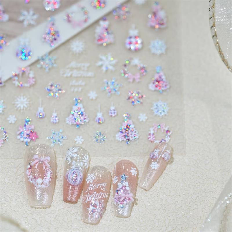 Cute Christmas Style Bow Colorful Snowflake Christmas Tree Nail Art Stickers Girly Nail Art Print Stickers Women Nail Decor Gift
