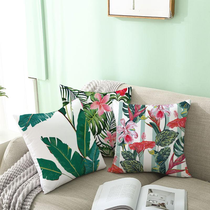 Summer Tropical Plants Cushion Cover Green Leaves Printing Decorative Pillowcase Polyester Tropical Plants Throw Pillow Case