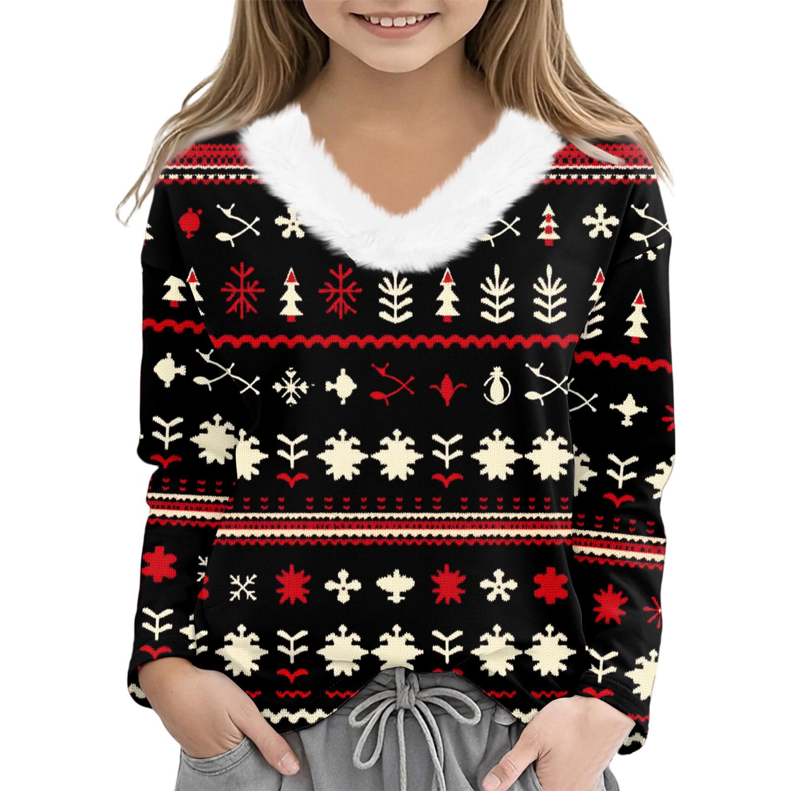 

Рождественские футболки с длинным рукавом для девочек, детская футболка с V-образным вырезом, рождественский принт, топ с длинным рукавом 150