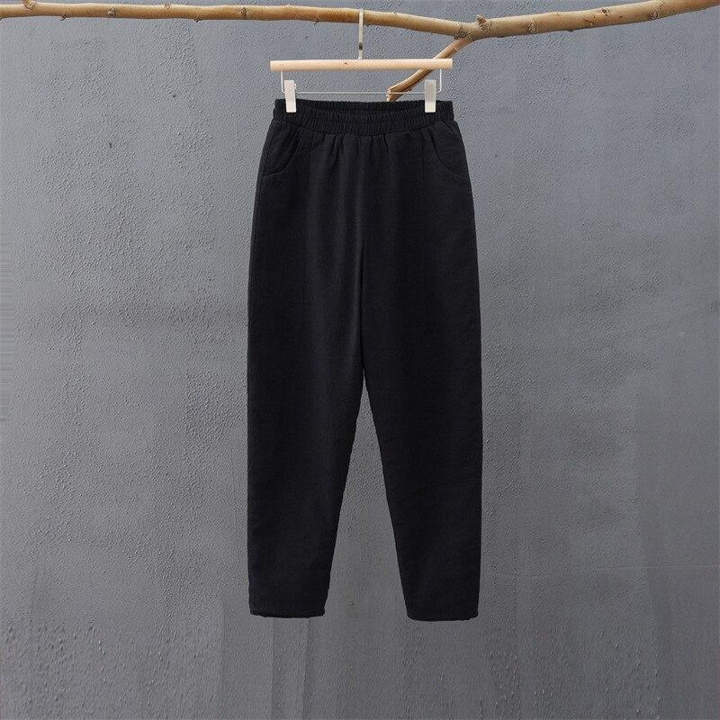 Johnature Frauen Baumwolle Leinen Casual Hosen Einfarbig Elastische Taille Gesteppte Warme Hosen Winter Vintage Dicke Hosen