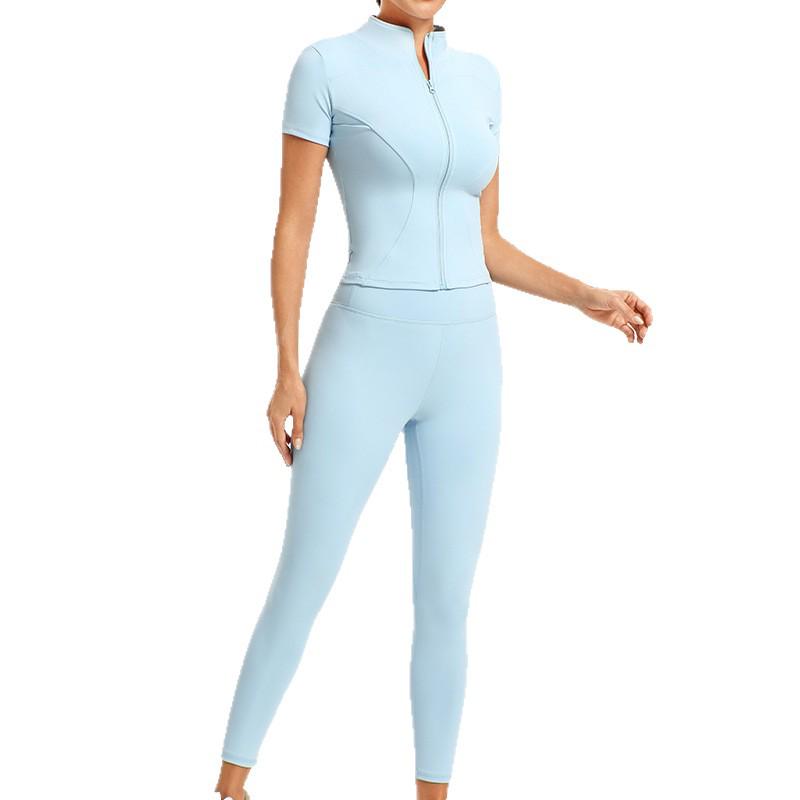 European & American Solid Color Yoga Two-Piece Set: Short Sleeve Top & Nine-Point Pants