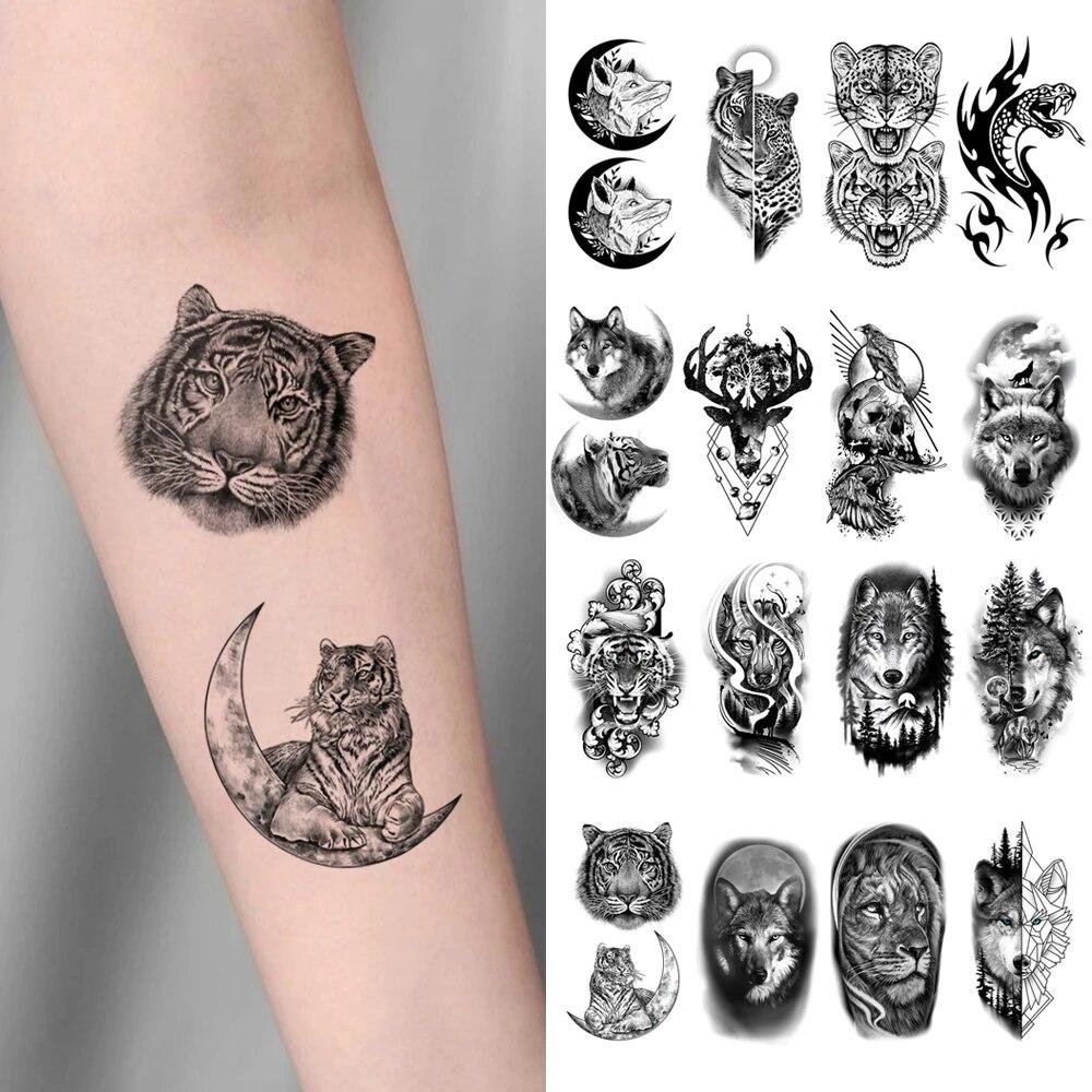 10pcs Waterproof Temporary Tattoo Sticker Dark Wolf Lion Tiger Eagle Snake Deer Skeleton Scorpion Body Art Arm Tattoo Women Men