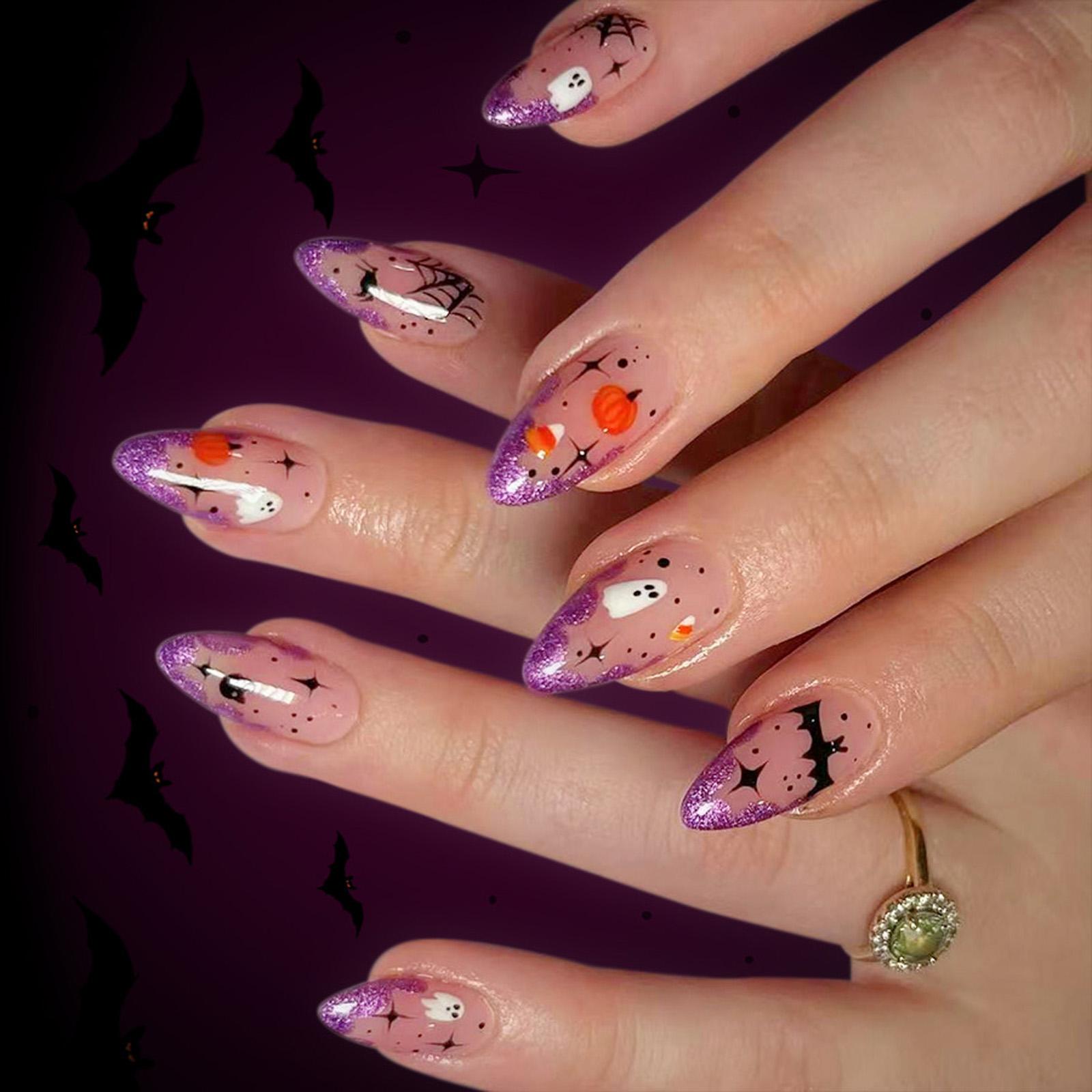 

24Pieces Halloween Press On Nail Dark Glittering Cobweb Ghosty Pumpkin Design ABS Not Need Tools