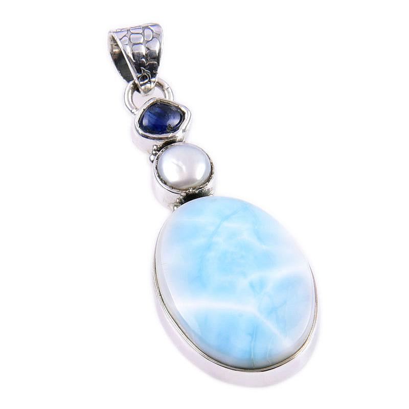 Natural Republic Larimar,Pearl 925 Solid Sterling Silver Jewelry Pendant 2" L8L15