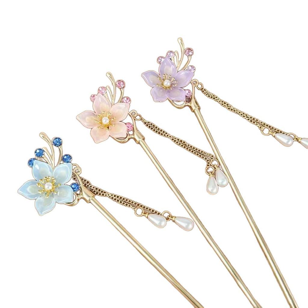 Tricolor Flower Hairpin: High-End Hanfu Headdress & Buyao Ornament