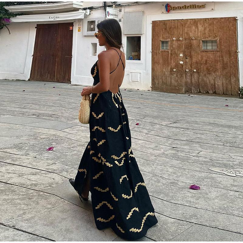 Printed Backless Sleeveless Vent Summer Dress Sexy V-neck High Waisted Sling Women's Dresses