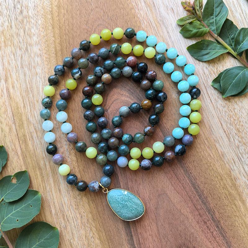 Natural Amazonite,Aquamarine,Indian Onyx Mala Necklace,108 HandKnotted Meditation Necklace,Healing Crystals,Yoga Prayer Gift