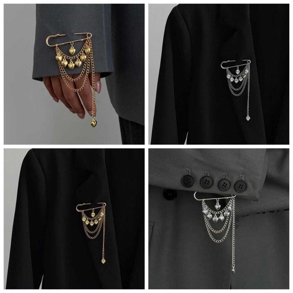 Iron Heart Brooch Pin Heart Shape Pendant Multi-Function Pin Fashion Chain Tassel Badge Daily