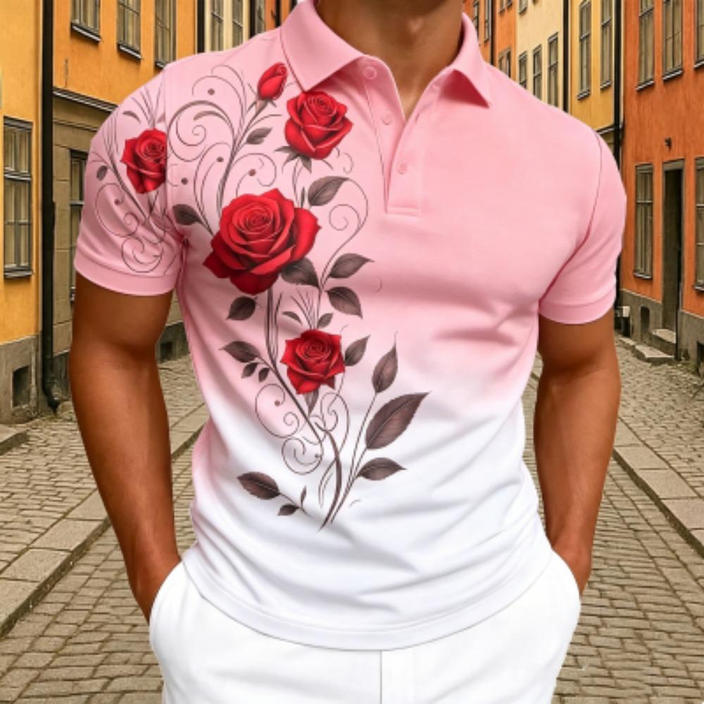 Polo Elegante da Uomo con Stampa Floreale Rosa T-shirt a Maniche Corte da Uomo per Esterno e Strada Top Estivo per la Casa Maglietta Casual Polo da Uomo e da Donna