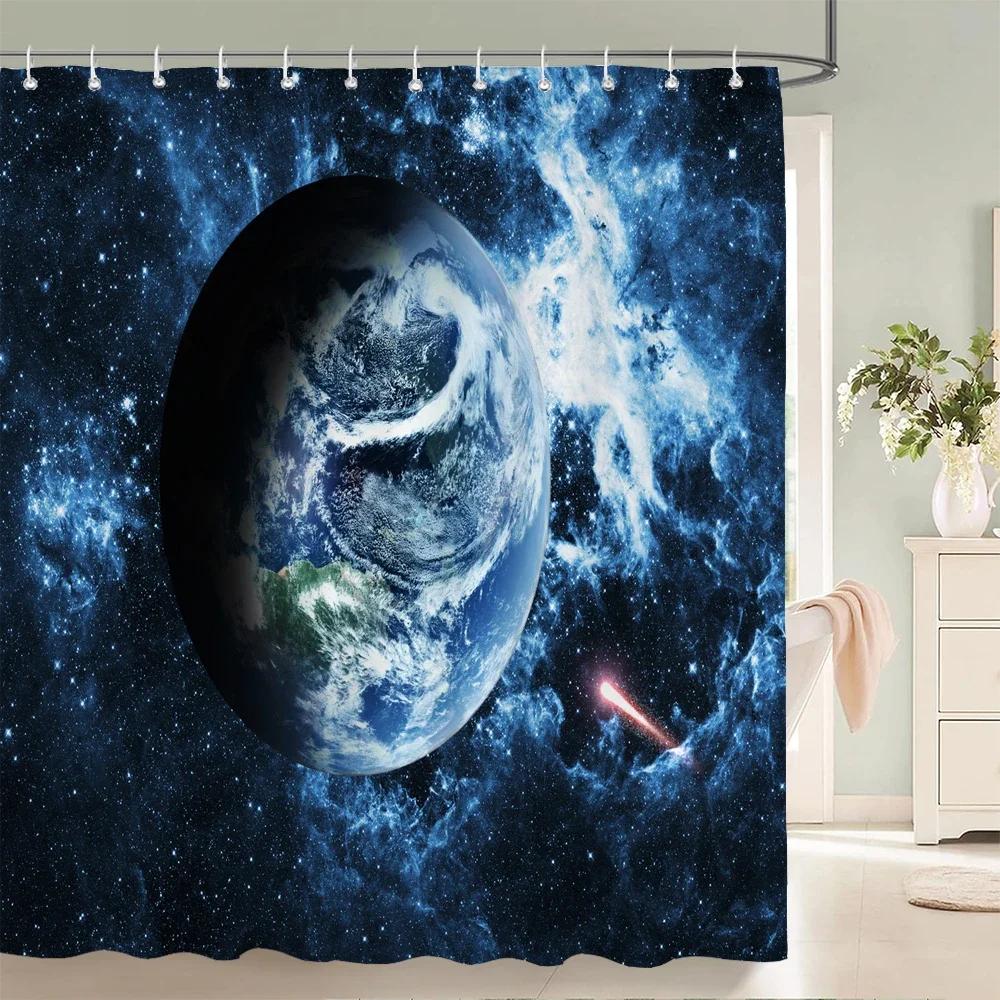 Earth Moon Starry Sky Scenery Printing Shower Curtains Bathroom Curtain Waterproof Fabric With Hooks Home Decoration Bath Screen