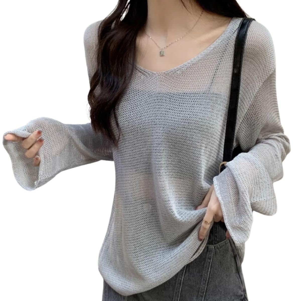 

Belle Cie Ажурный вязаный свободный длинный прозрачный женский топ, Посадка, Прозрачный, Рукава, (СТ/№. 22009) (Серый) серый