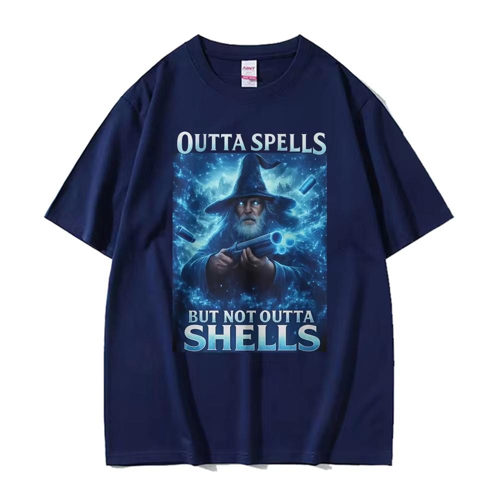Outta Spells But Not Outta Shells Ironic Wizard Funny Fantasy Meme T Shirts Men Women Summer Tops pure Cotton Tshirt Streetwear