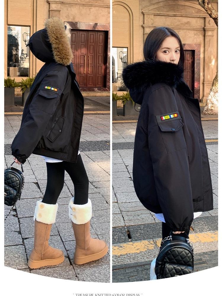 Women’s Short Hooded Cotton-Padded Parkas Windproof Thicken Warm Winter Jacket With Fur Collar