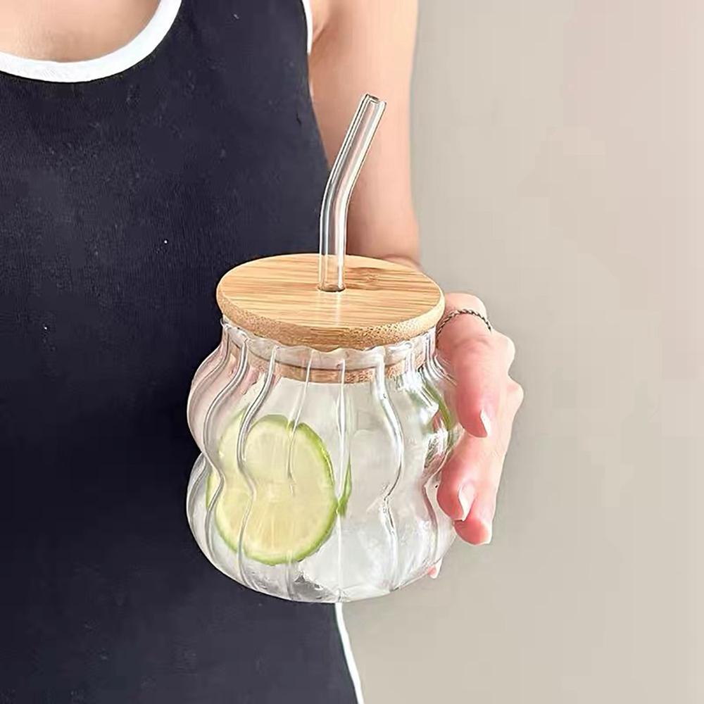 Glass Cup Straw Cup with Lid Striped Glasses Water Cup Coffee Cup Milk Cup