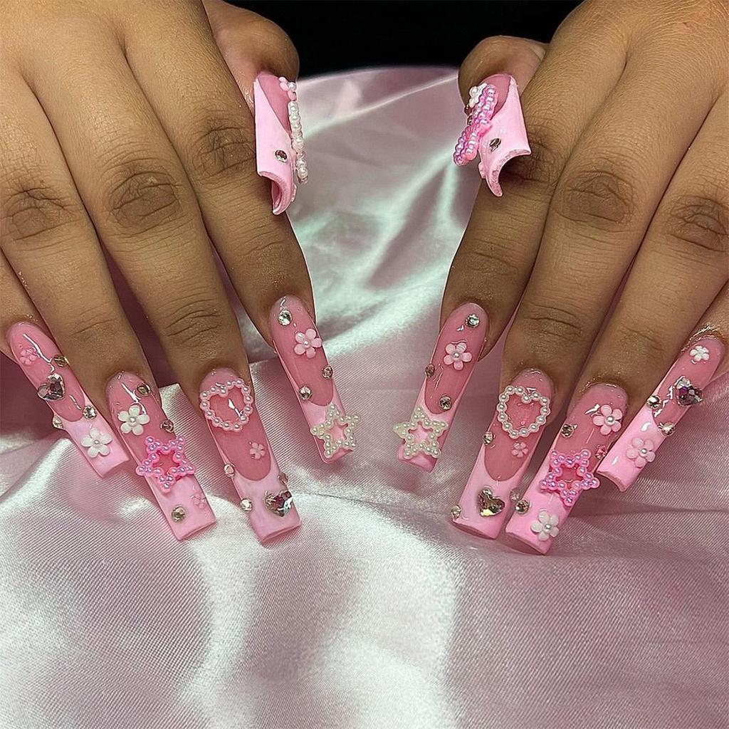 24Pcs Long Square Press On Nails Leopard Print French 3D Cherry Design False Nail Rhinestone Wearable Full Cover Fake Nails Tips