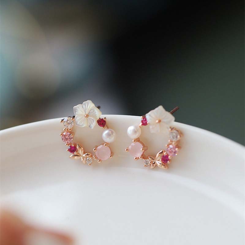 Y2k Pink Crystal Flower Pearl Butterfly Ear Studs Summer New Arrival Korean Fashion Luxury Hoop Earrings For Women Jewelry Gift