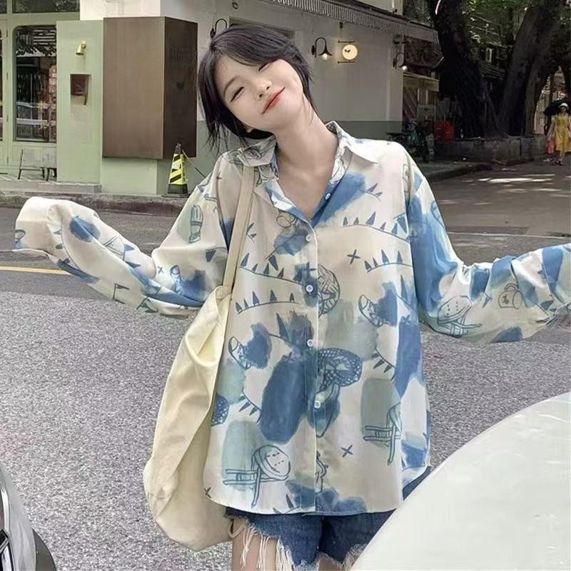 Women's Long Sleeved Shirts Contrast Color Graffiti Printing Versatile Blouses Loose Casual Summer Ladies Jacket
