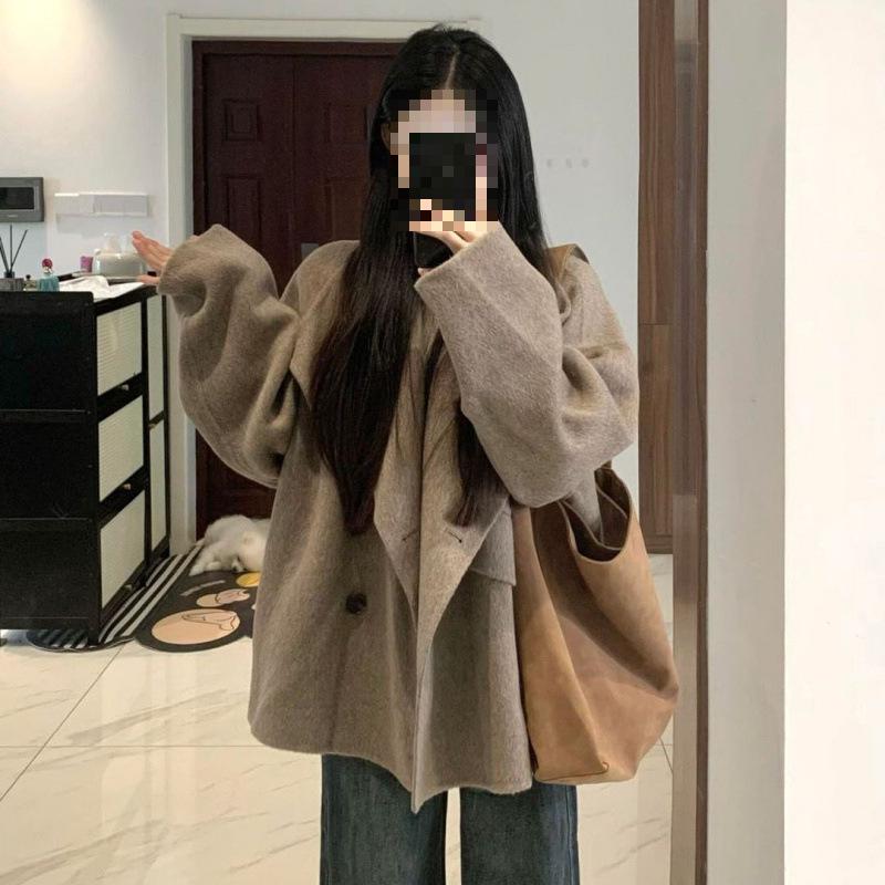 

Women s Petite Hepburn Style Woolen Coat - Large Lapel, 2025 Autumn/Winter Korean Black Outerwear L (105-125 cm) вершковий/кавовий