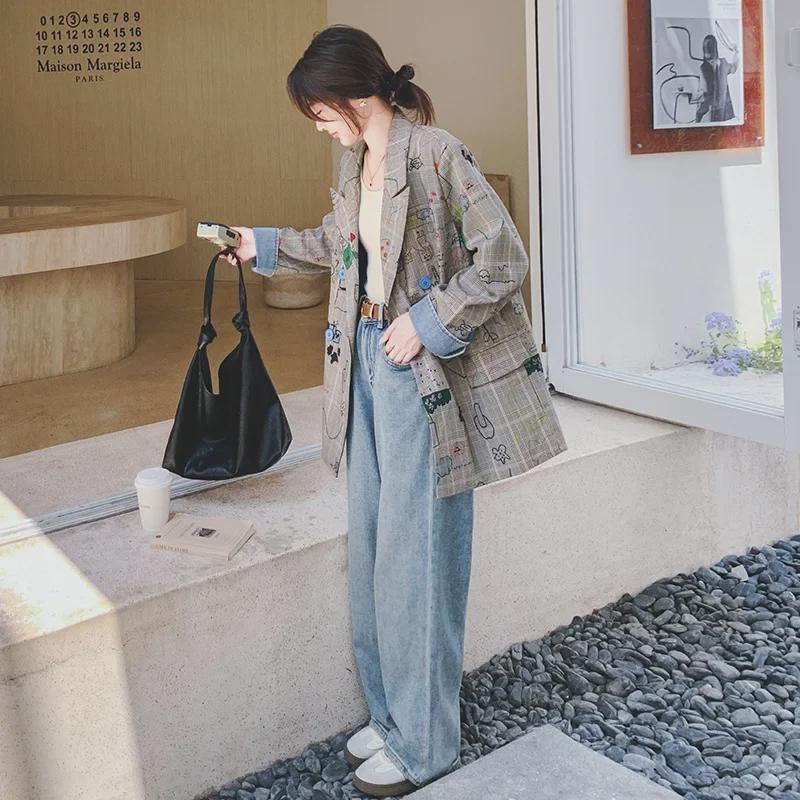 Jachetă de damă primăvara 2025 gri cu imprimeu graffiti în carouri: Street-Rock Croială Largă, Design Nou