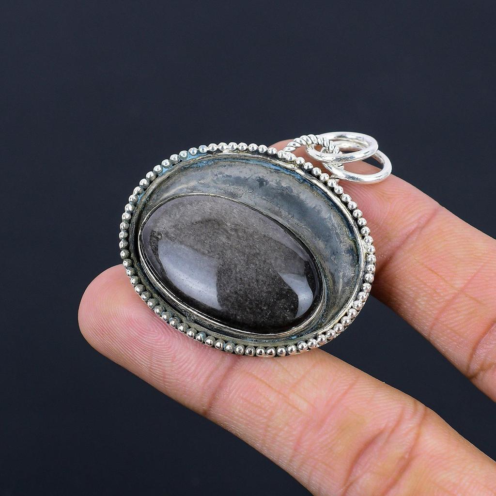 Natural Silver Sheen Obsidian Gemstone Pendant 925 Sterling Silver For Girls