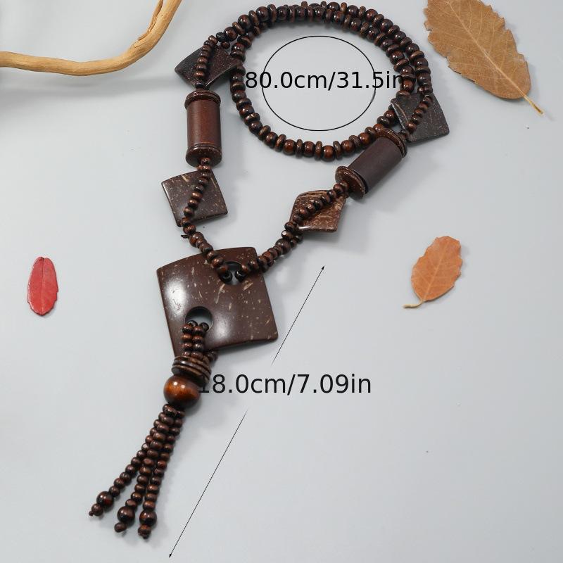 JMXD Boho Chic Ethnic Vintage Long Sweater Chain Women Fashion Beaded Wooden Beads Coconut Shell Pendant Sustainable Statement Necklace