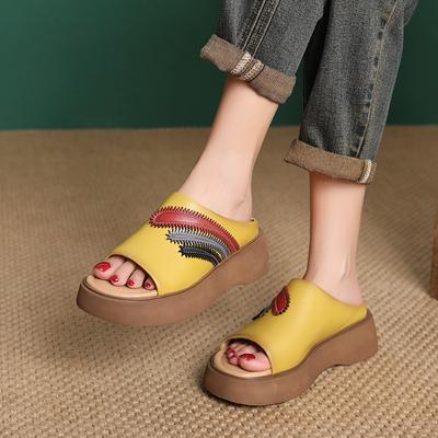 Retro Peep Toe Dicksohlige Outdoor-Slipper Echtes Leder Lässig Weichsohlige Damen Keilschuhe