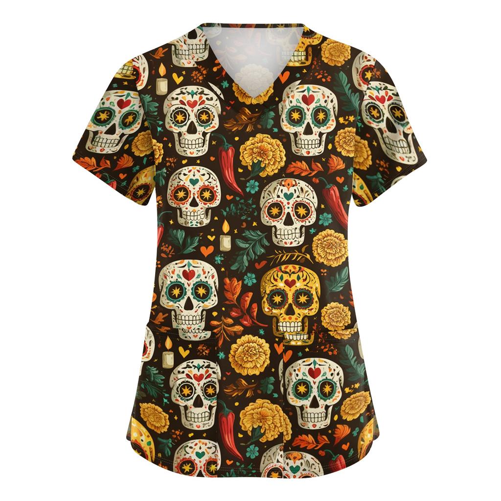 Women's V-Neck Short Sleeve Work Top with Pockets Print Caregiver Uniform Shirt