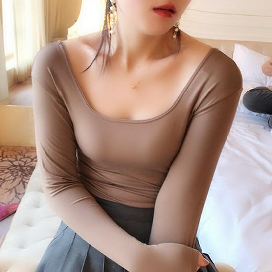 

Женская черная футболка с низким вырезом, облегающая, с длинным рукавом, из модала - Супер тонкая и универсальная для весны/осени One Size