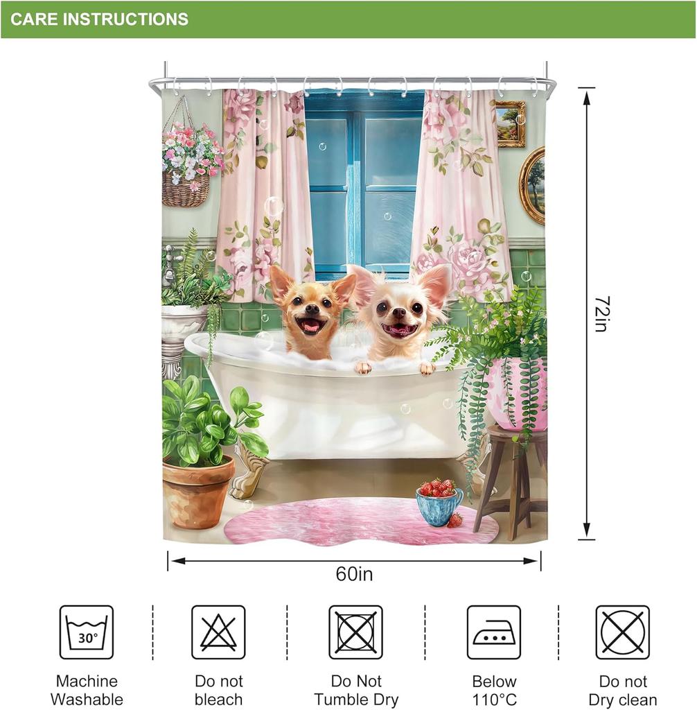 Kids Funny Dog Shower Curtain Cute Hilarious Animals Puppy Wooden Window Floral Flowers Bubbles Leaves Plant Botanical Fabric