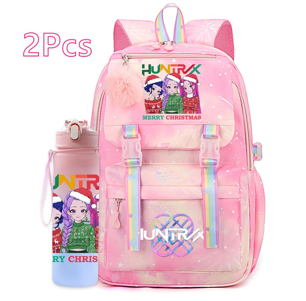 2Pcs/set Christmas K-pop Printed Backpack with 750Ml Water Bottler Large Capacity Travel Bag for Teenager Girl Boy Waterproof Bookbag Kid Gift Rucksak