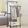 1PC Movable Bedroom Clothes Rack Floor Standing Double Rod Organizer Sheif with Bottom Shelf and Side Hooks for Coat Hat Storage