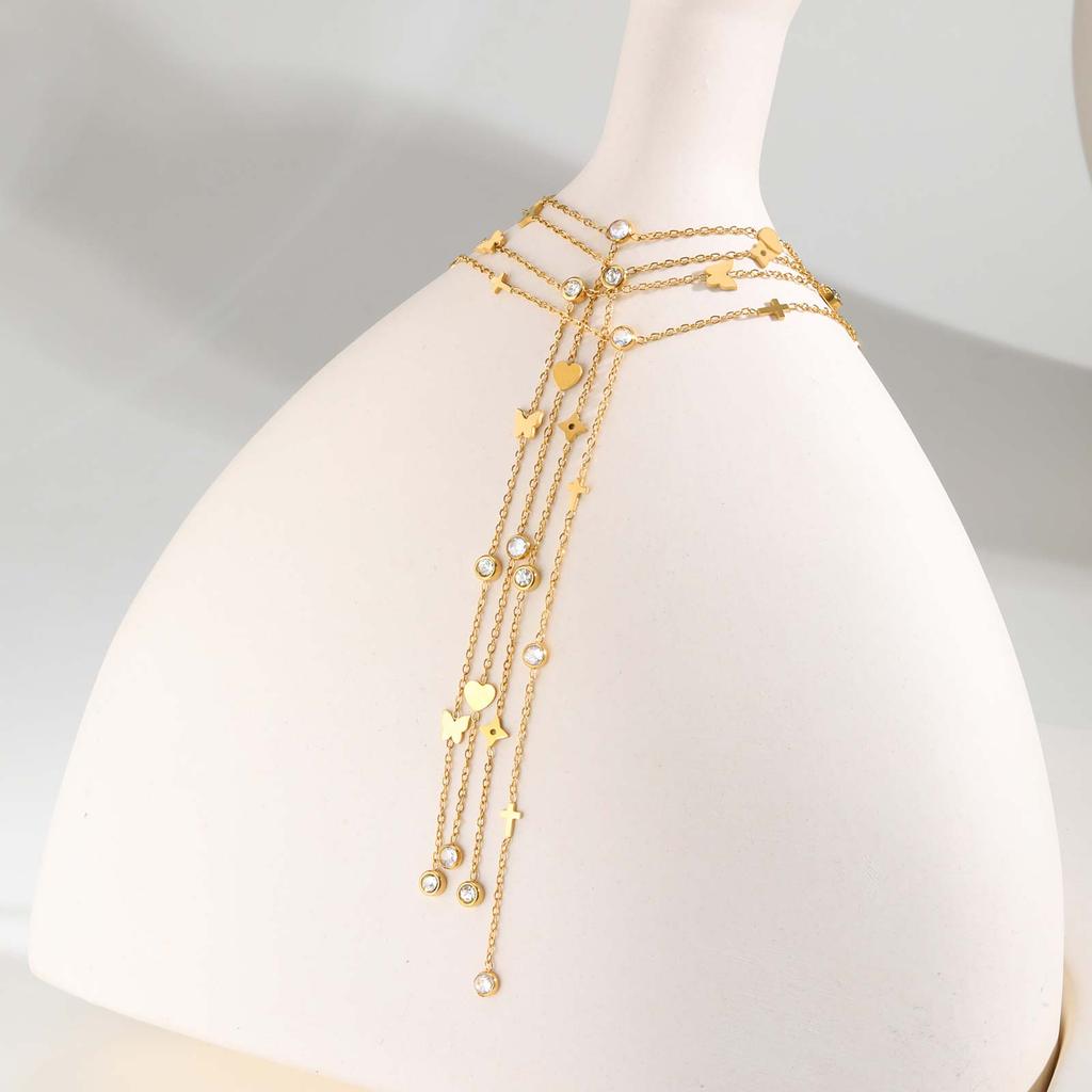 Stainless Steel Butterfly Heart Y-Shaped Necklace for Women, Gold Plated Zircon Beaded Long Chain Necklace, Trendy Party Jewelry