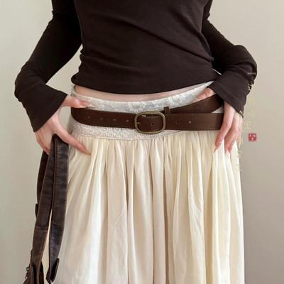 Women's High-End Retro Brown Leather Belt with Buckle - Stylish Wide Waistband Accessory for Jeans