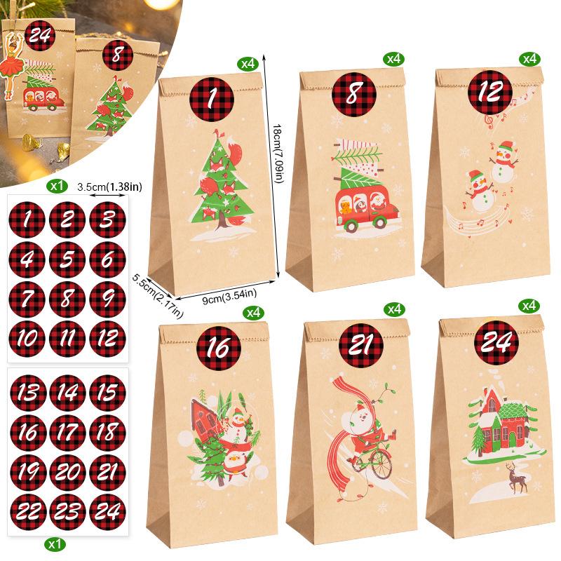 Christmas Gift Bags with Stickers - 24 Sets Advent Calendar Candy Paper Bags