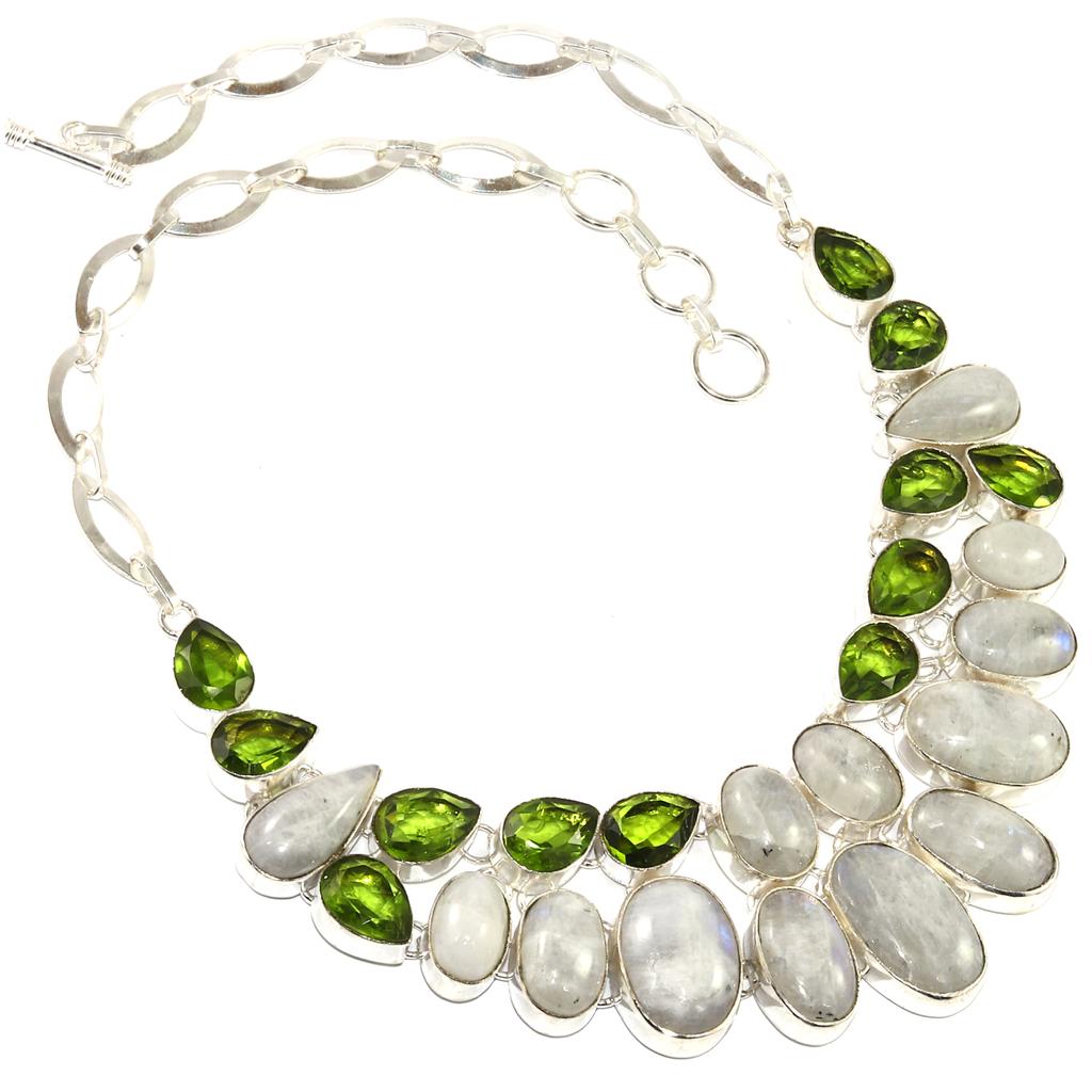 Rainbow Moonstone Peridot Gemstone Silver Jewelry Necklace 16-18''