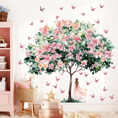 Wall Sticker Flower Tree Butterfly Girl for Living Room Bedroom Background Wall Home Decor
