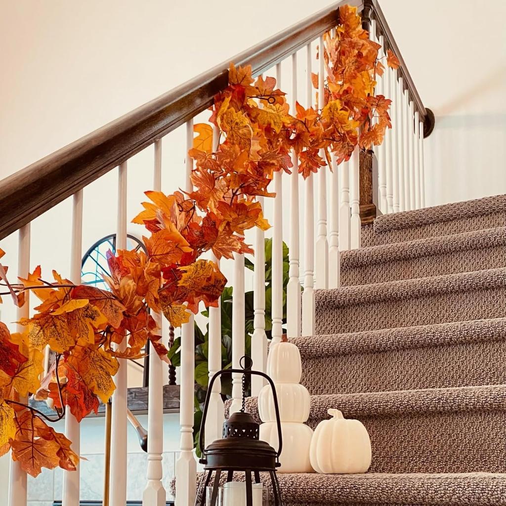 CQURE 10 Pack Fall Leaf Garland, Hanging Vines Garland Artificial Fall Maple LeavesThanksgiving Decor for Home Wedding Fireplace Party
