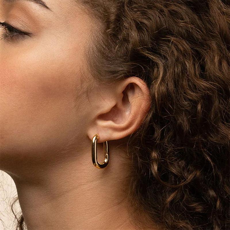Classic Copper Alloy Smooth Gold Color Hoop Earrings For Women Girls Daily Earrings Oval Rectangle Shape Simple Fashion Jewelry