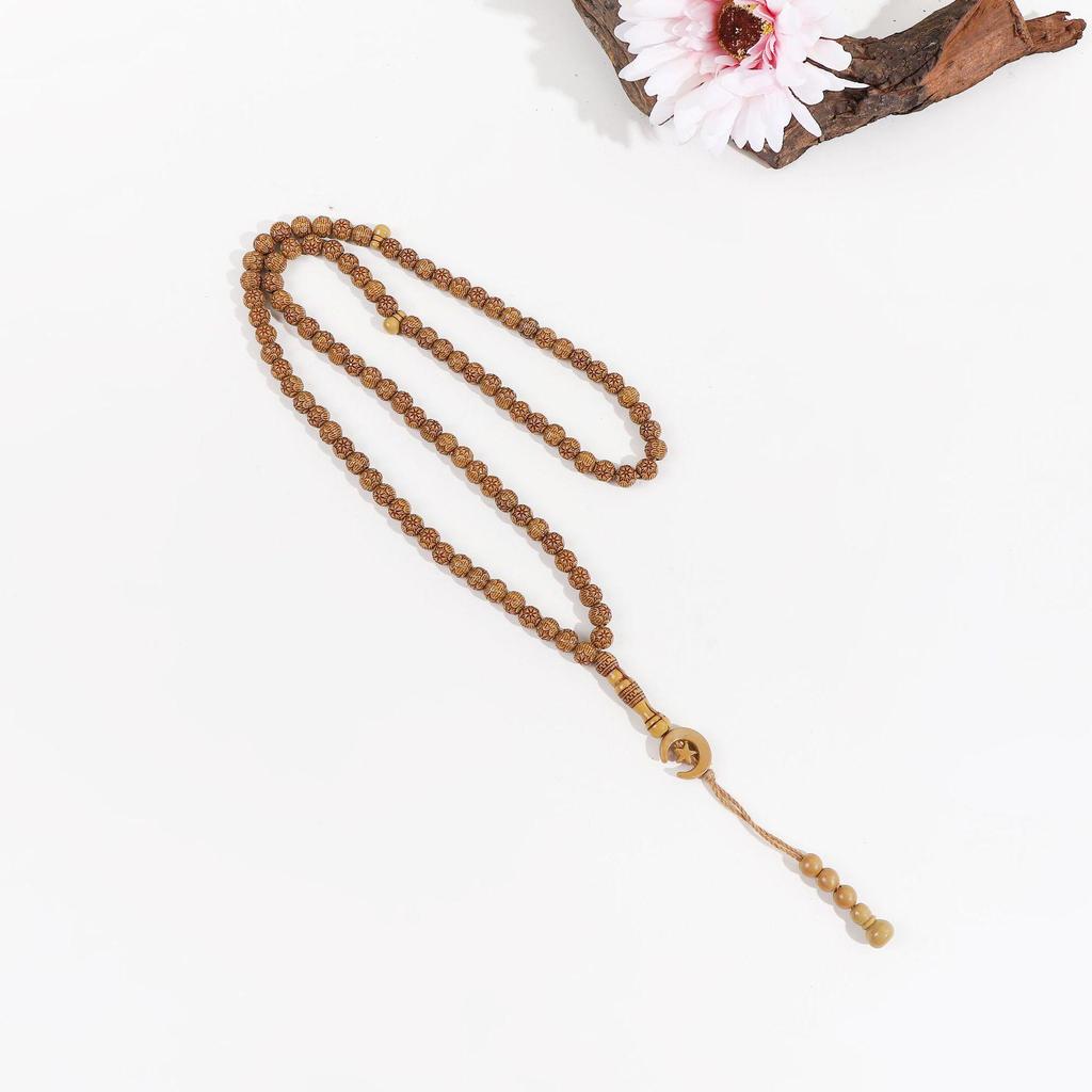 Contemporary Imitation Wood Islamic Prayer Beads: Star & Moon Design, 33-Piece Muslim Hajj Beads for Worship