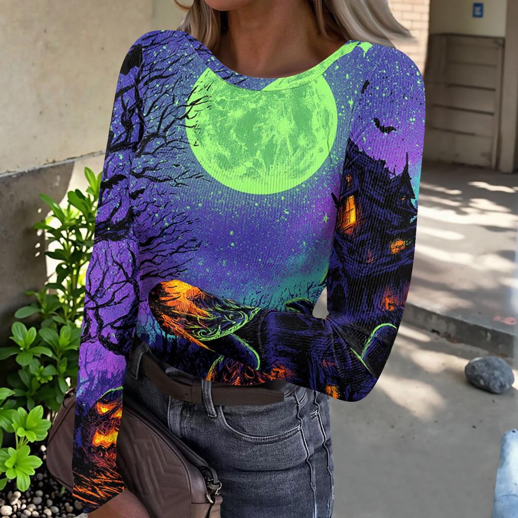 Women's Casual Ribbed Long Sleeve Top Halloween Print Round Neck Slim Fit Stretchy Knit Shirt for Fall Seasonal Wear