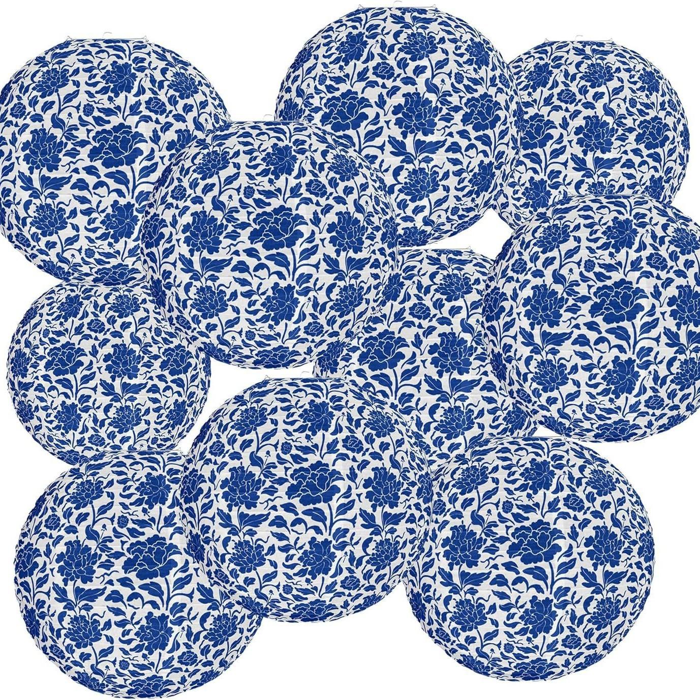 

10 шт. бумажных фонариков из сине-белого фарфора с синими узорами подвешены в качестве украшений для вечеринок для китайских дней рождения и свадеб. 10pcs